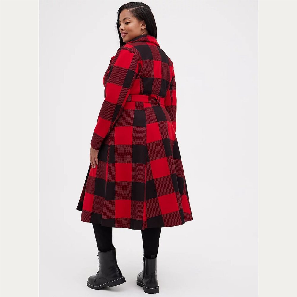 Torrid SELF-TIE FIT & FLARE LONGLINE COAT - STRETCH WOVEN PLAID RED Size…